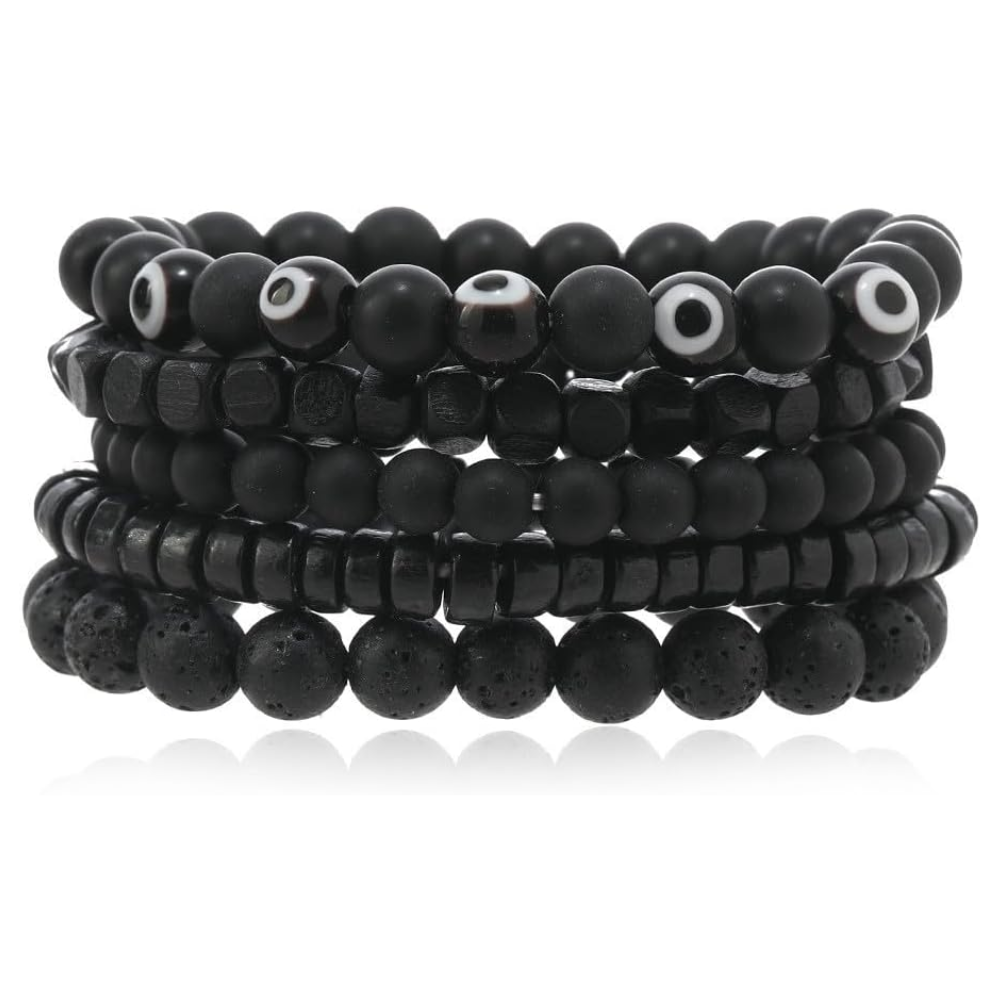 Multi Layer Lava Stone Wood & Evil Eye Beaded Bracelet Set